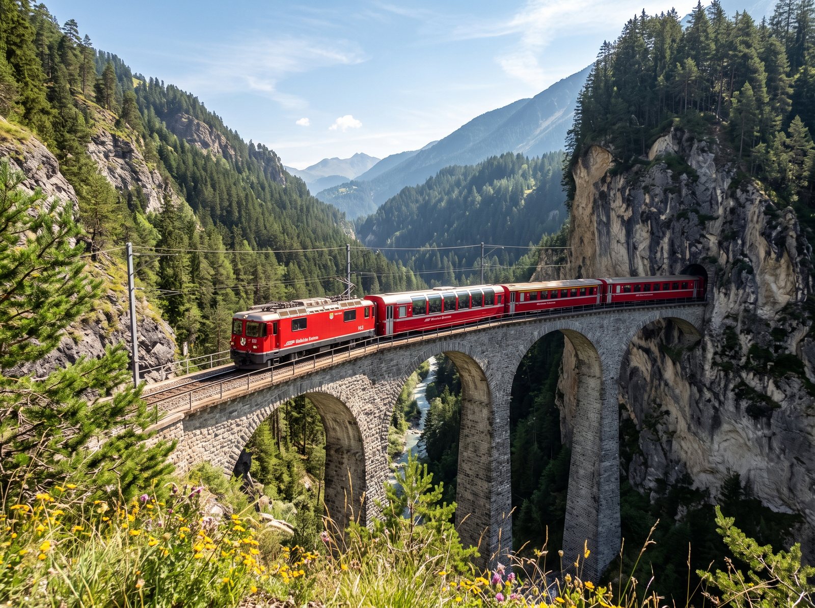 Trem cruzando viaduto nos Alpes suíços, imagem de destino gerada com prompt da galeria