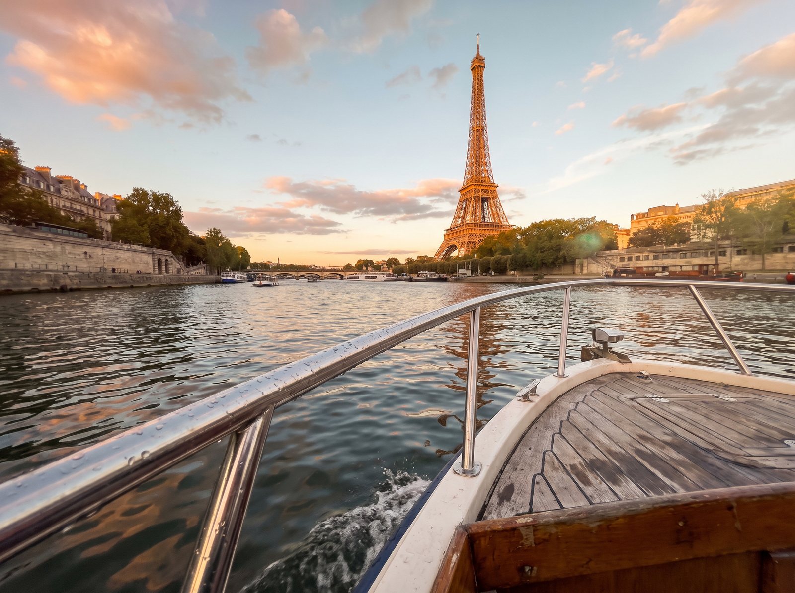 Torre Eiffel vista de um barco no rio Sena, imagem de destino gerada com prompt da galeria