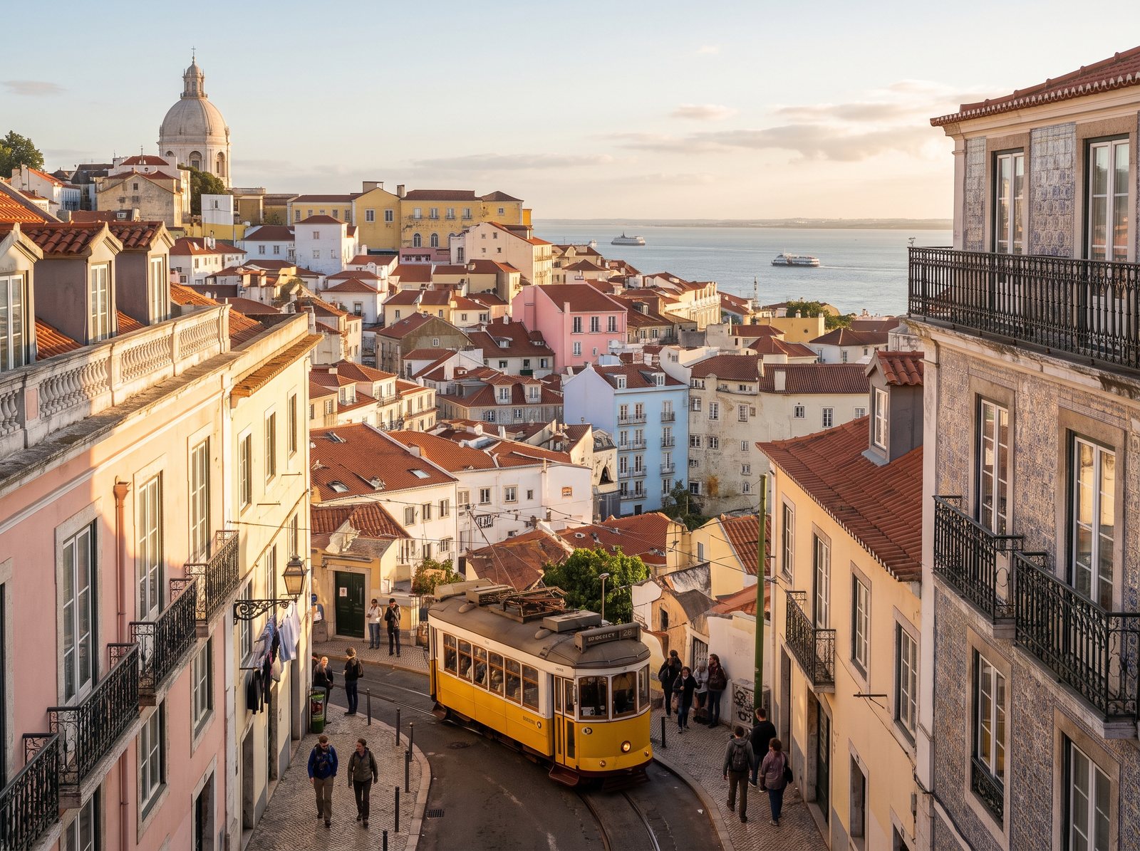 Telhados e bonde de Lisboa ao entardecer, imagem de destino gerada com prompt da galeria