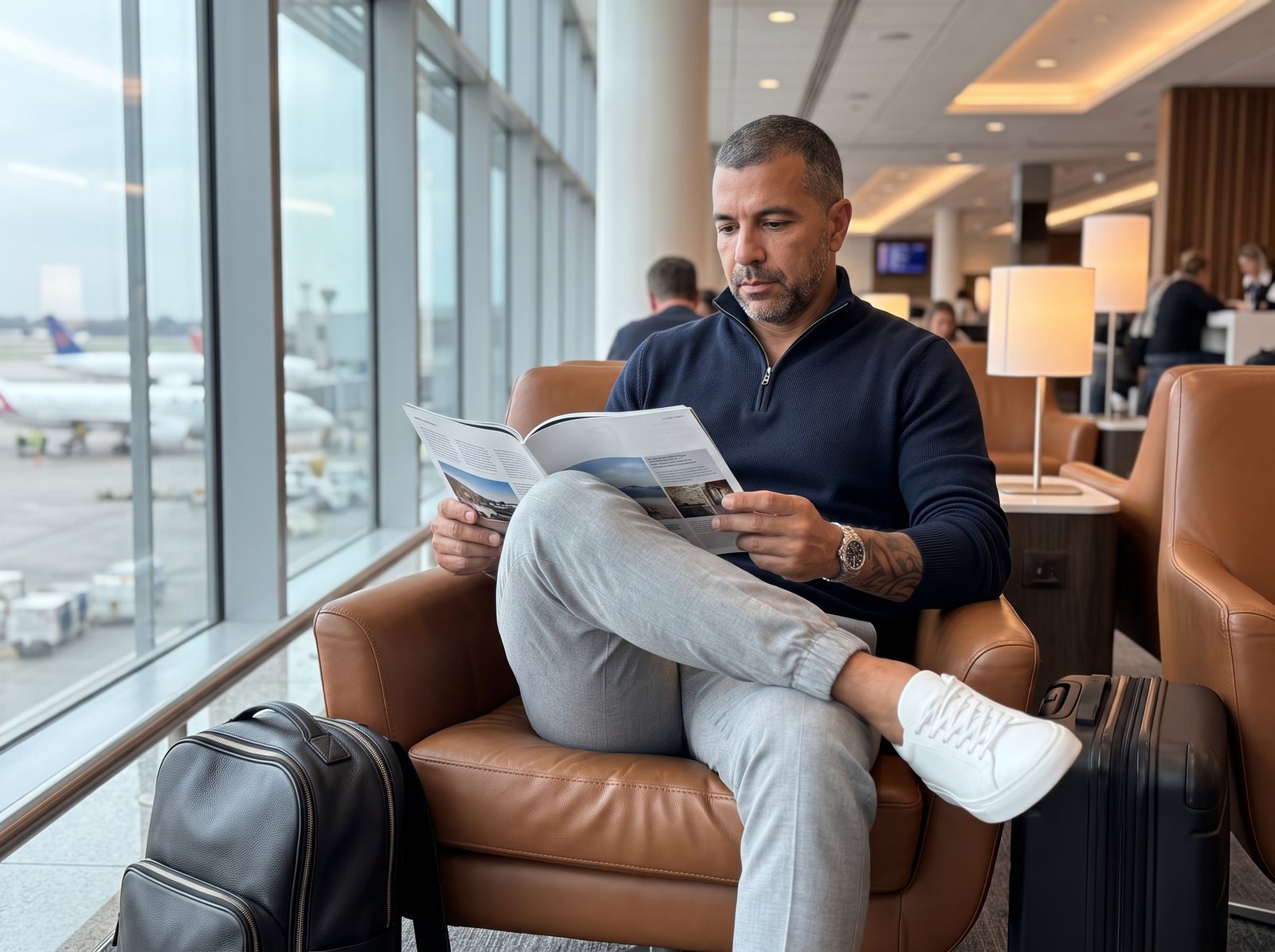 Influencer digital masculino em sala vip de aeroporto, criado com prompt da galeria