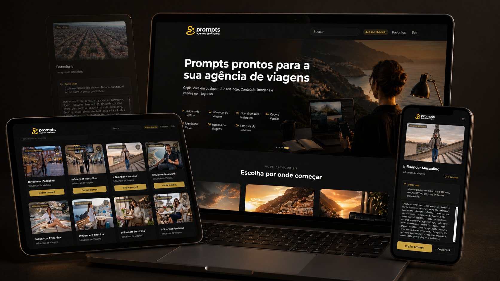 Galeria de prompts aberta no notebook, tablet e celular